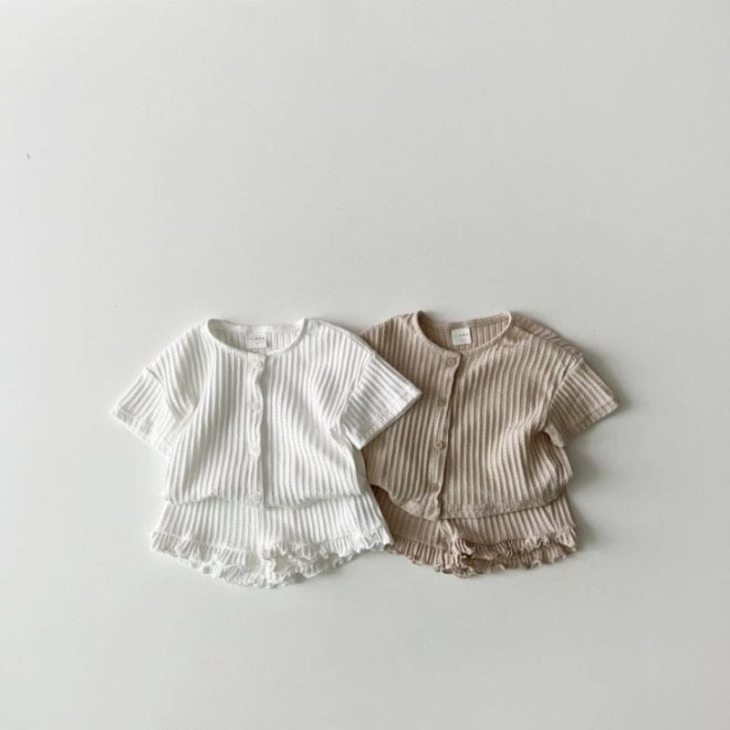 キッズ用リブ素材半袖Tシャツ&ショートパンツセット、白とベージュの2色