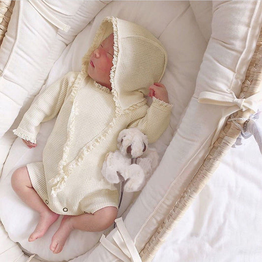 -ベビーロンパース ボンネットセット レース縁取り 長袖ロンパース 帽子セット 3カラー【mh0000388】 - mamahalo shop - 長袖ロンパース - べビー服 - 子供服 - 男の子 - 女の子