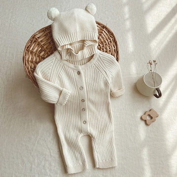 長袖ロンパース Beige with Hat / 66cm ベビー ニット 長袖 ロンパース ジャンプスーツ くま耳 帽子 セット【mh0001496】