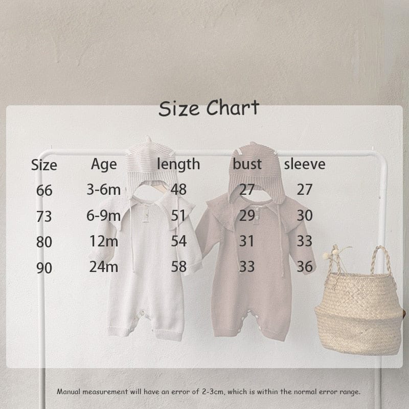 長袖ロンパース ベビー ニット ビッグカラー 長袖 ジャンプスーツ 帽子 セット【mh0001032】