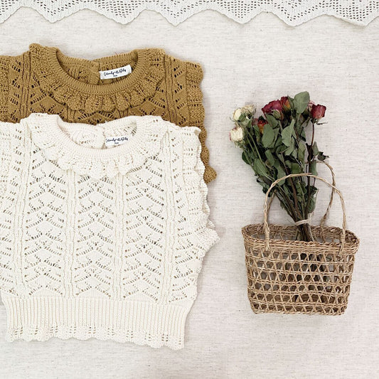 -ベビーキッズトップス レースニット フリル襟ベスト クリームアイボリー/イエロー/2カラー - mamahalo shop - ベスト - べビー服 - 子供服 - 男の子 - 女の子