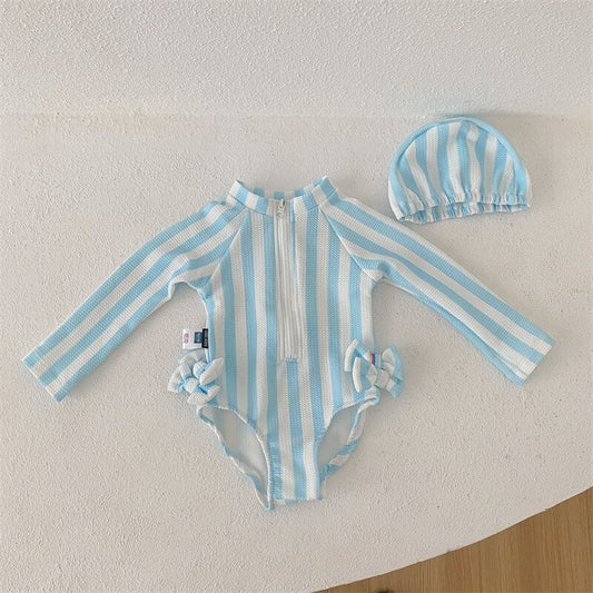 -キッズ 長袖 ワンピース 水着 ストライプ ラッシュガード スイムウェア 帽子 セット【mh0001521】 - mamahalo shop - ベビー用水着 - べビー服 - 子供服 - 男の子 - 女の子