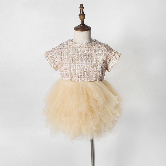 半袖ワンピース Champagne / 6M 66cm ベビー キッズ ツイード チュチュ チュール スカート ドレス ワンピース【mh0001397】