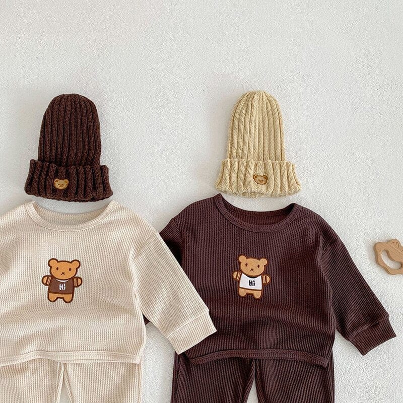 ベビー くま柄長袖トップス(ワッフル風)2色、帽子フード付き