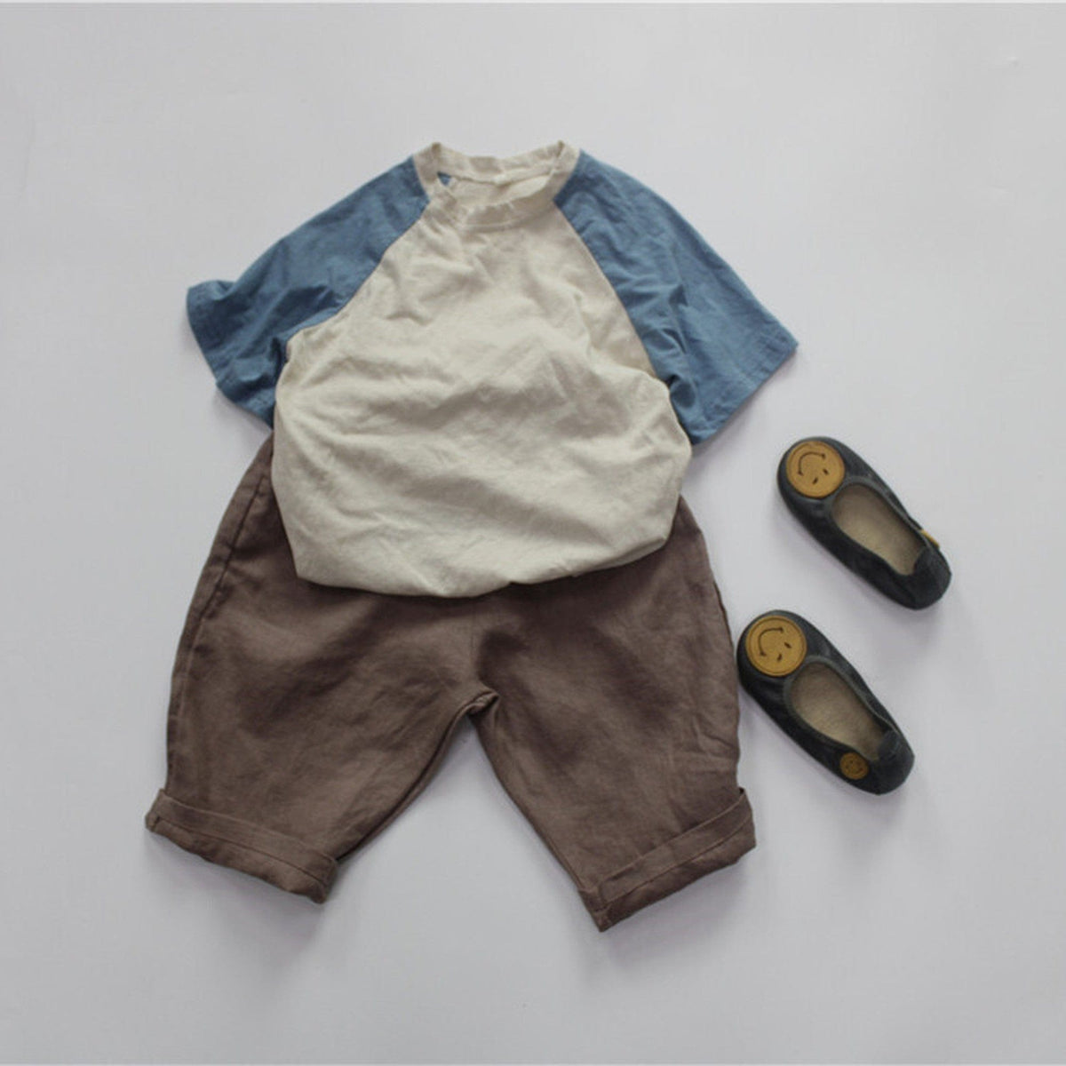 キッズ用リネンのルーズクロップドパンツ ブラウン 総ゴム仕様
