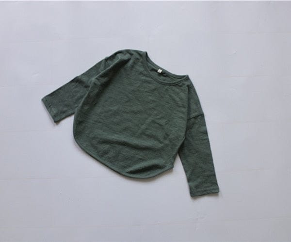 キッズ長袖Tシャツ ワイドシルエット ラウンドヘム 濃いグリーンのスラブコットン