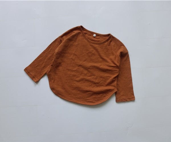 キッズ長袖Tシャツ ワイドシルエット ラウンドヘム テラコッタ色スラブコットン