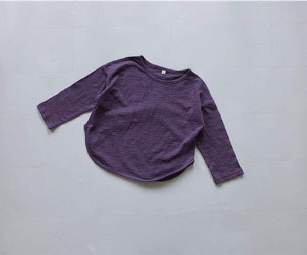 キッズ用ラウンドヘム長袖Tシャツ、パープルの丸首ワイドシルエット