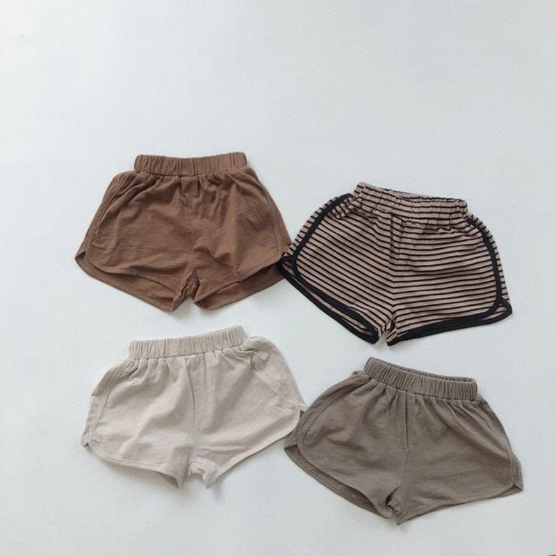 キッズ用イージーショートパンツ、ボーダーと無地の配色(ブラウン/ベージュ/ストライプ)