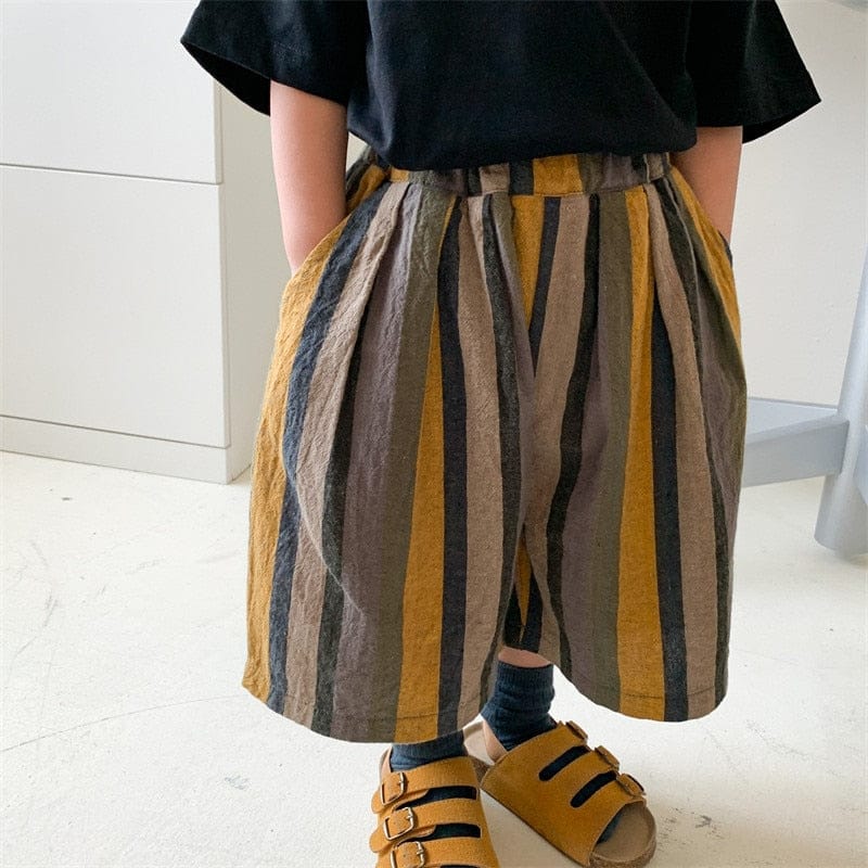 キッズストライプワイドクロップドパンツ、ウエストゴム、縦縞ブラウン×グレー×ブルー