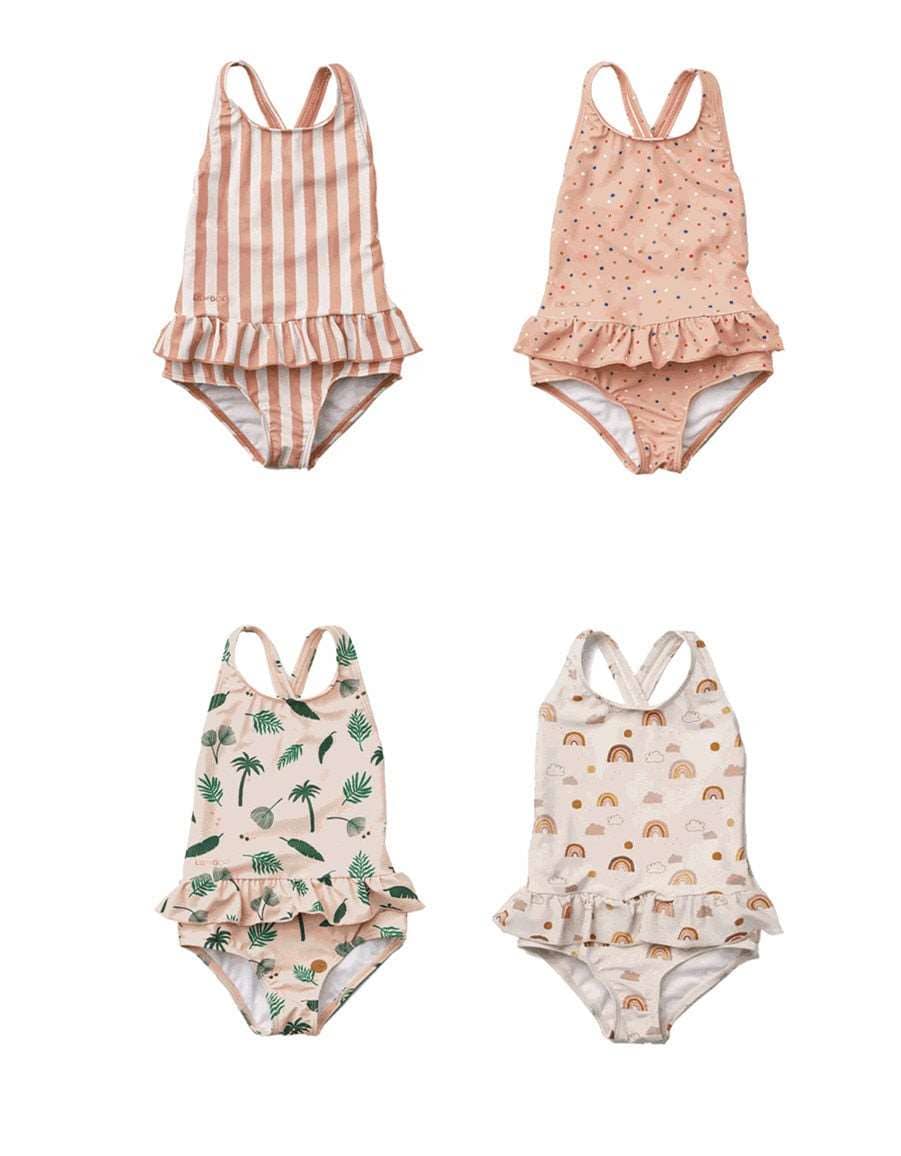 キッズ用水着ワンピース2枚セット(ストライプ/ドット)ノースリーブ・フリル裾