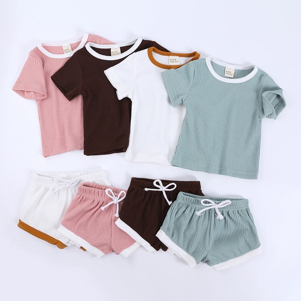 ベビーリブパイピング半袖Tシャツ&ショートパンツセット(ピンク)