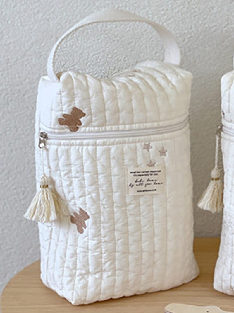キルティング刺繍ハンドルポーチ 白 星形アップリケ タッセル付き