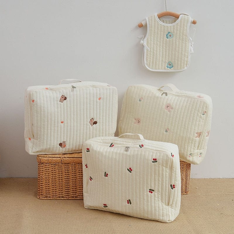 キルティングの刺繍風くま柄おむつポーチ3点セット、取っ手付き