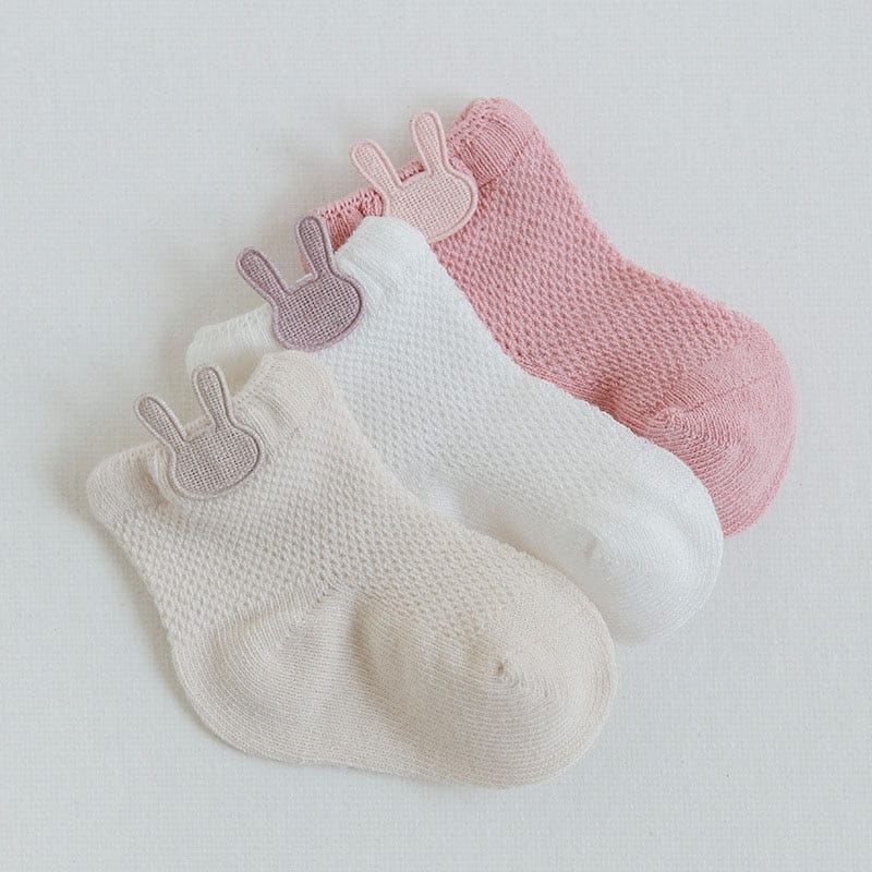 ピンク×白のメッシュショートソックス うさぎモチーフ 3足セット