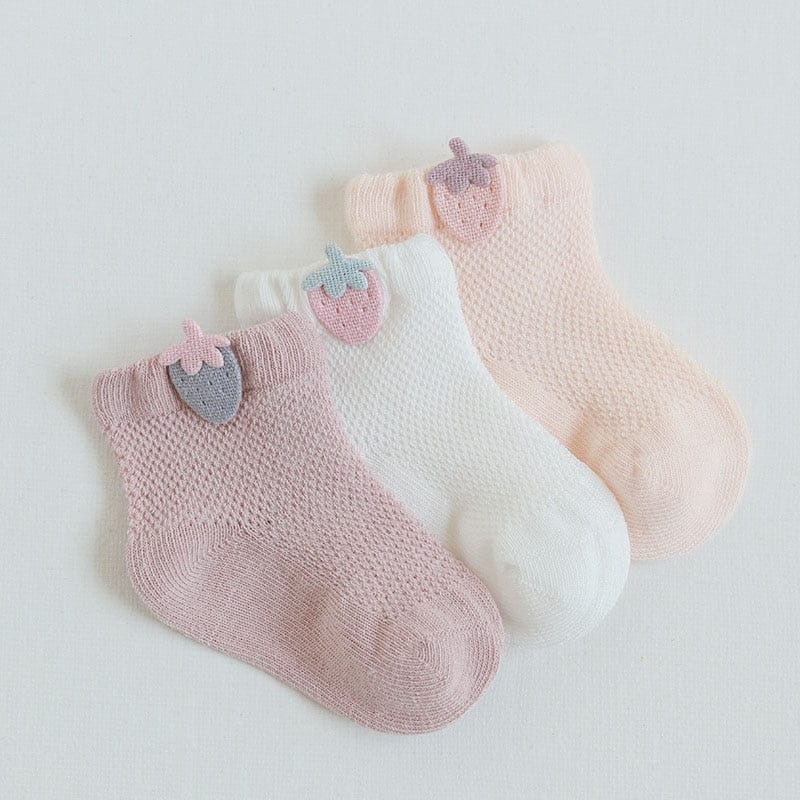 ベビー用靴下・タイツ strawberry / XS for 0-6 M ベビー キッズ メッシュ サマー ショート ソックス 靴下 3足 セット うさぎ くま いちご【mh0001446】