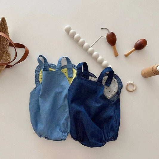 オーバーオール ベビー デニム レターロゴ ハート フリル サスペンダー ロンパース