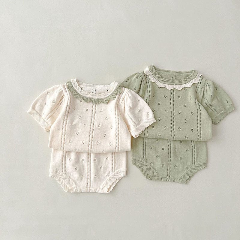 ベビー用レース透かし編み半袖トップ&ショートパンツセット(ベージュ・ミント)