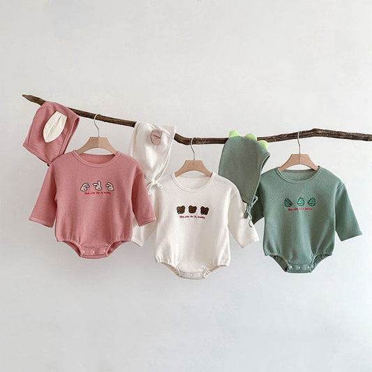 長袖ロンパース ベビー ワッフル くま ベア うさぎ バニー 恐竜 長袖 ロンパース 耳付き 帽子 セット