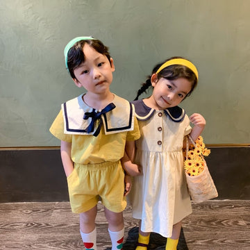 半袖ワンピース キッズ セーラーカラー ボーイズ セットアップ ガールズ ワンピース 2カラー リンク 姉妹 兄弟 お揃い コーデ 5385C