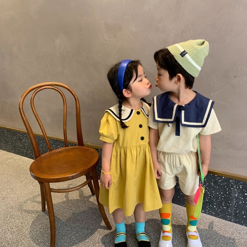 キッズ セーラーカラー半袖ワンピースとショートパンツセット(イエロー系)