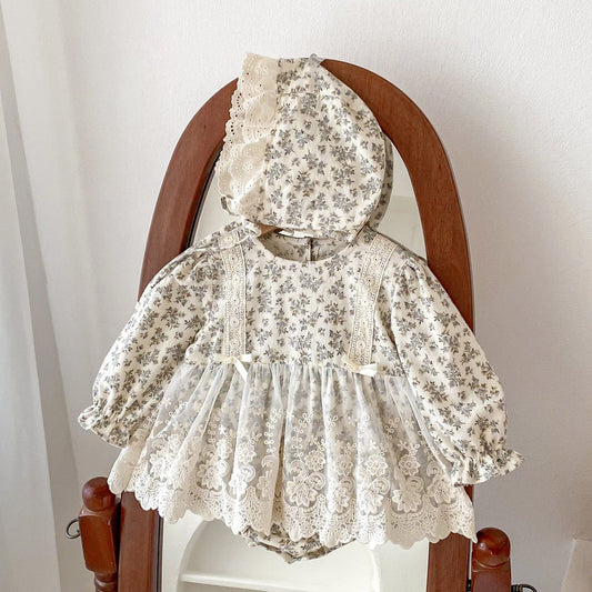 長袖ロンパース ベビー 長袖ロンパース フラワー 花柄 レースエプロン ドッキング ドレスロンパース ボンネットセット 帽子付き 2点セット ガールズ 女の子【mh0002829】