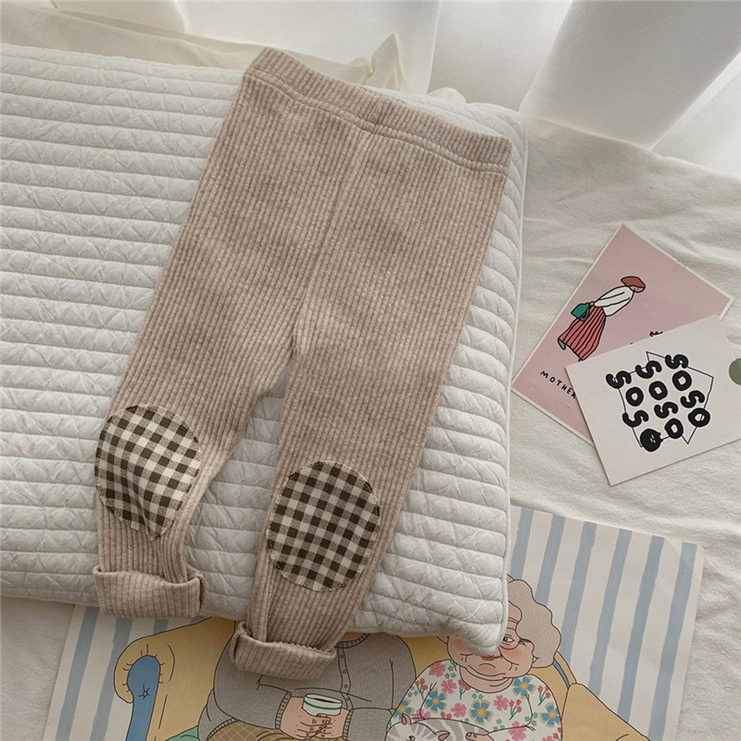 レギンスパンツ Apricot / 6M 66cm ベビー チェック 膝パッチ リブ レギンス パンツ【mh0000623】