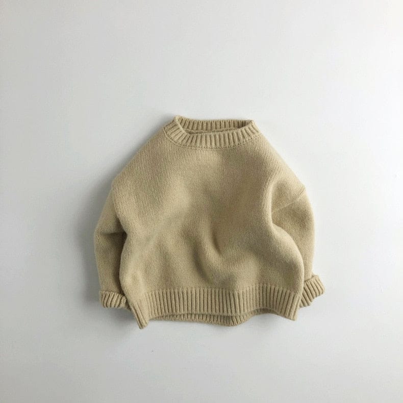 キッズ用ニットセーター(ベージュ)長袖、リブ編みのクルーネック