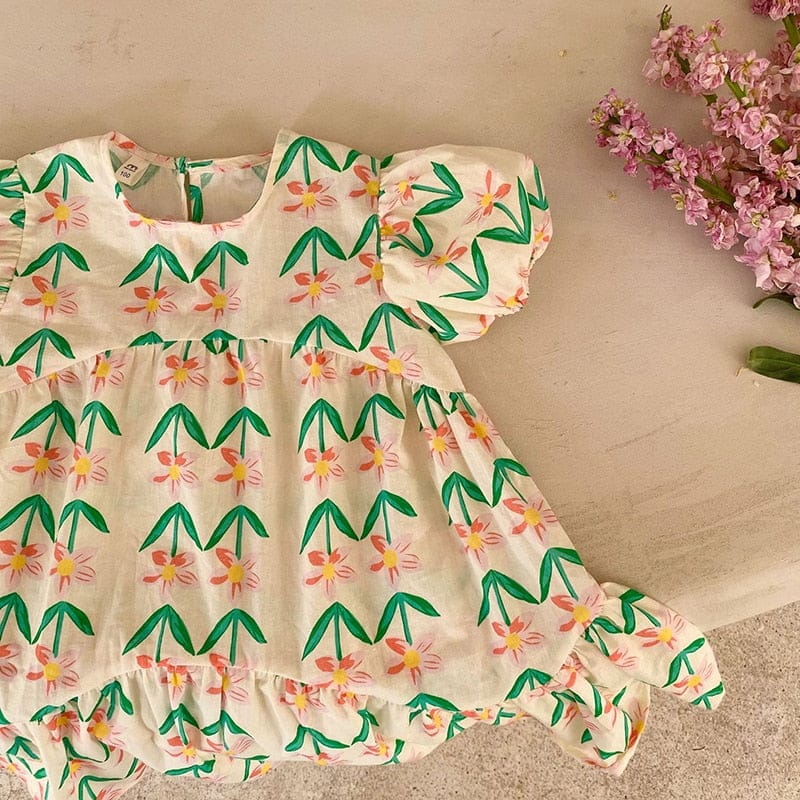 半袖ワンピース Beige / 80cm キッズ レトロ フラワー 半袖 パフスリーブ ワンピース【mh0001442】