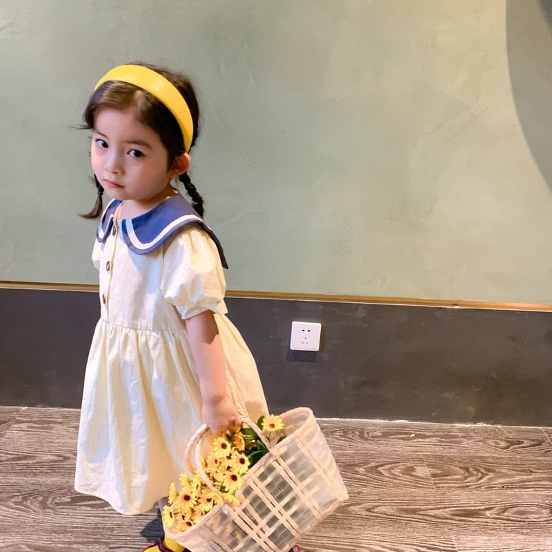 キッズ セーラーカラー半袖ワンピース(アイボリー、ネイビー襟)