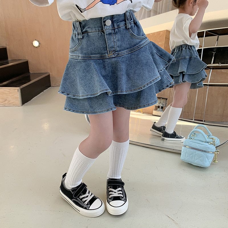 スカート Blue / 80cm キッズ デニム ティアード フリル ハイウェスト パンツイン スカート
