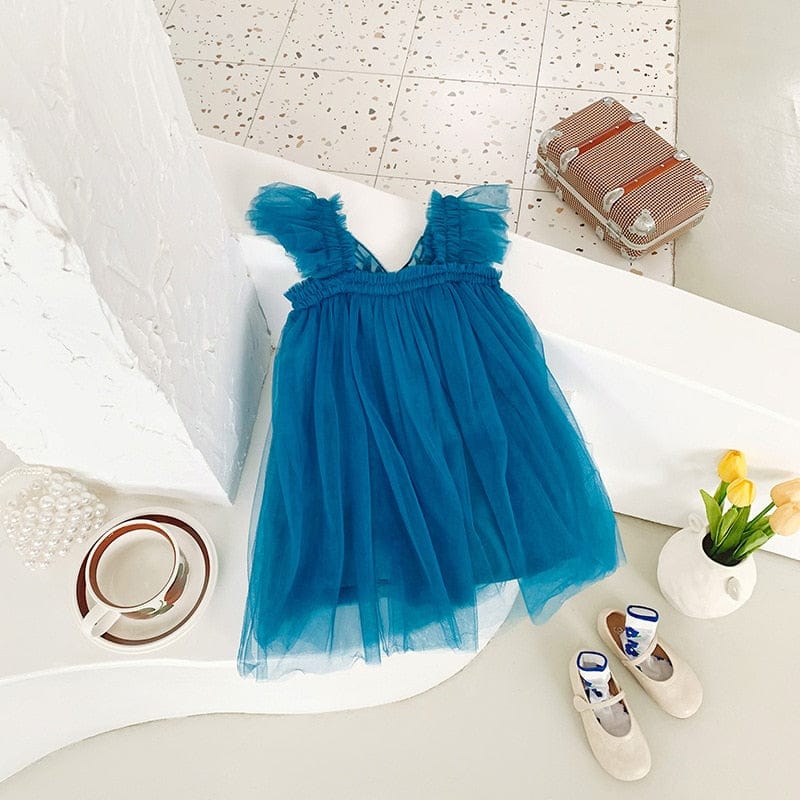 ノースリーブワンピース Blue / 80cm キッズ チュチュ チュール バタフライ 蝶 プリンセス ノースリーブ ドレス ワンピース【mh0001168】