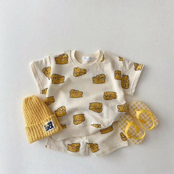 半袖セットアップ Cheese / 73cm ベビー キッズ セットアップ 半袖 Tシャツ ショート パンツ フラワー チーズ スマイル ハート ミーアキャット【mh0000687】