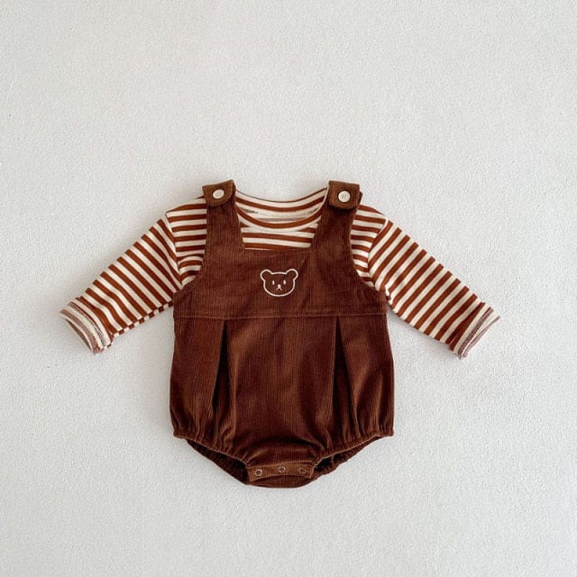 長袖セットアップ Coffee / 6M 66cm ベビー セットアップ くま 刺繍 コーデュロイ ロンパース ボーダー Tシャツ【mh0000184】