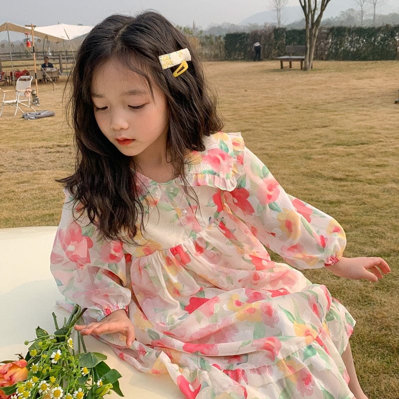 キッズ用フラワー柄シフォン長袖ワンピース(前身アップ)