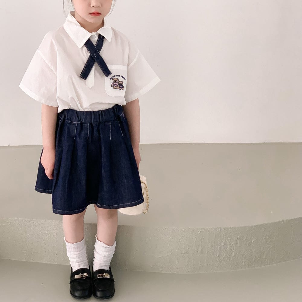 半袖セットアップ Girl 2pc set / 24M/90cm キッズ ユニフォーム 制服 セットアップ ガールズ ボーイズ セット 半袖 シャツ ブラウス デニム スカート ハーフパンツ リンクコーデ 5379C
