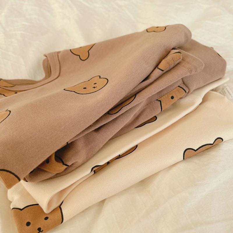 ベビー くまプリント パジャマ(コーヒー系)長袖Tシャツ&ロングパンツ 折りたたみ