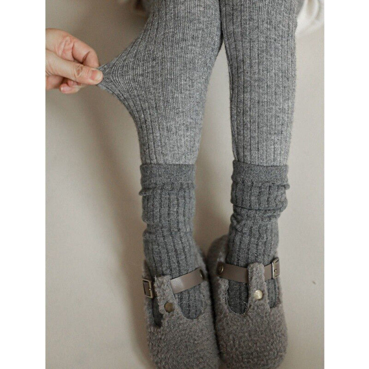 キッズ用リブニット裏起毛レギンス ロングパンツ(グレー系)