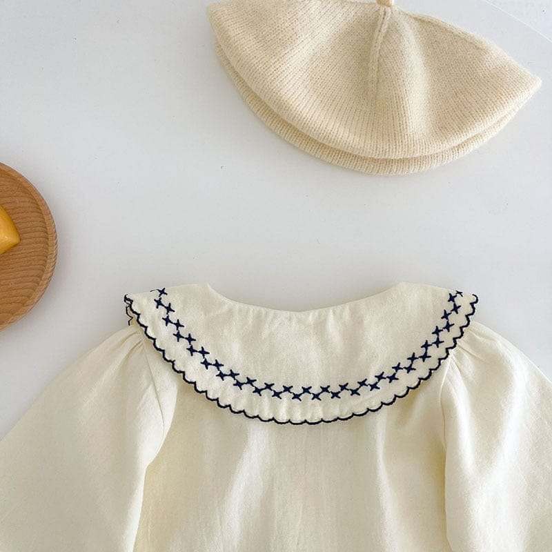 ベビー 長袖ブラウス 丸襟 刺繍入り フリル襟 ネイビー×生成り