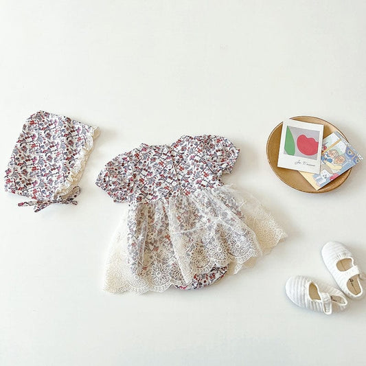半袖ロンパース ベビー フラワー レース 半袖 ロンパース 帽子 セット【mh0000605】