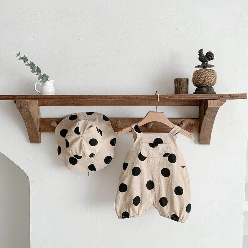 サロペットパンツ・サスペンダーパンツ ベビー ポルカドット みずたま サスペンダー ロンパース 帽子 セット【mh0000920】