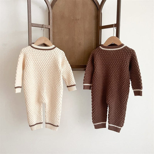 長袖ロンパース ベビー ニット 長袖 ジャンプスーツ ロンパース くま耳 帽子 セット【mh0001143】