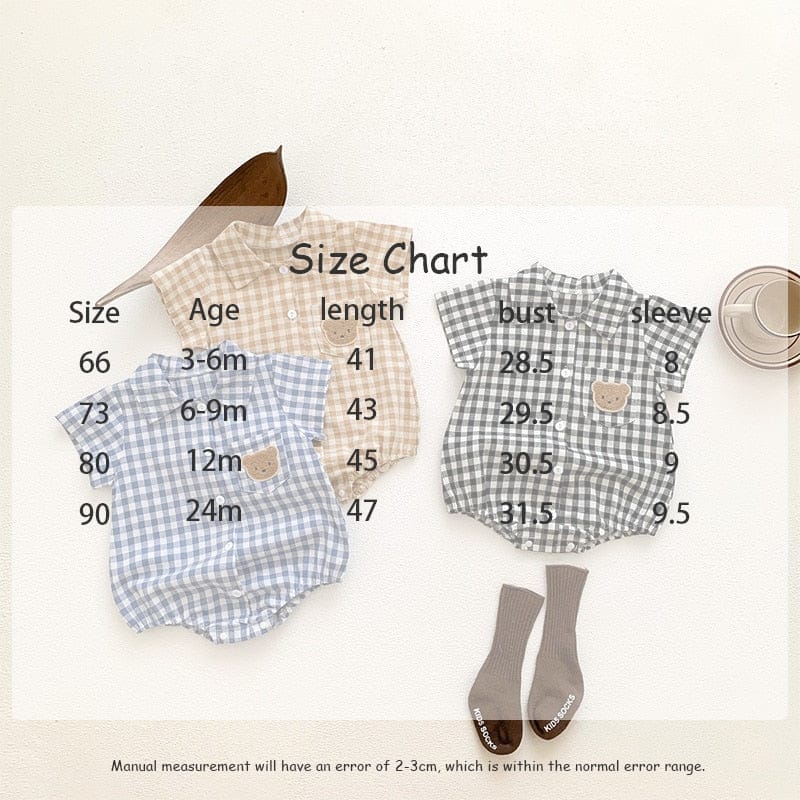 半袖ロンパース ベビー デニム チェック くま ベア 半袖 シャツ ロンパース【mh0001247】