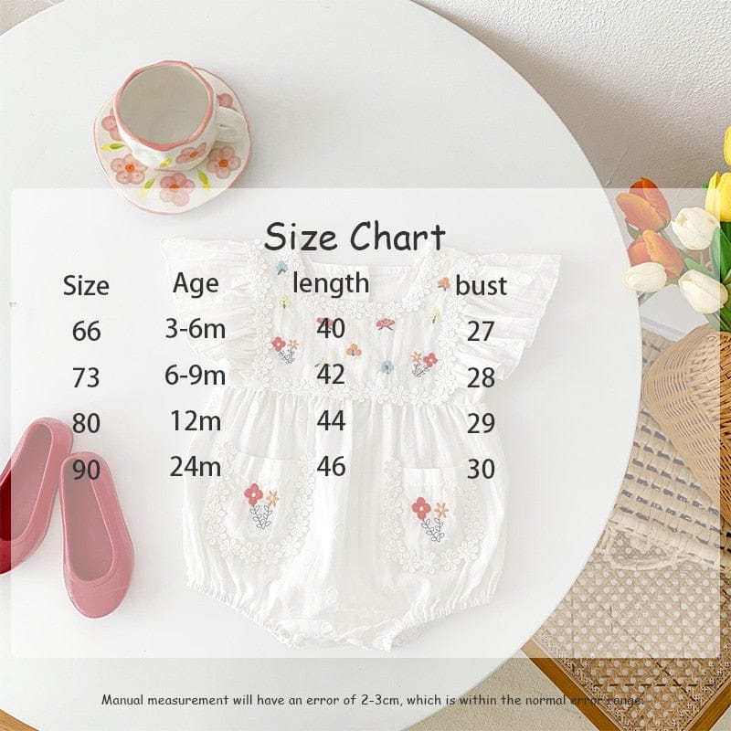 半袖ロンパース ベビー フラワー 刺繍 フリルスリーブ ロンパース【mh0001249】