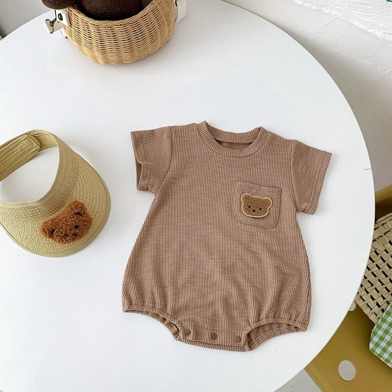 ベビー用半袖ロンパース(茶色)フロントにくまワッペン