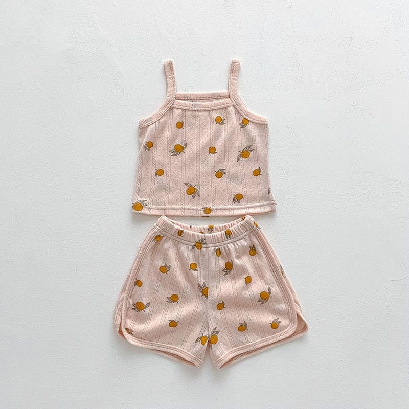 ベビー用メッシュタンクトップ&ショートパンツ、レモン小柄(ピンクベース)