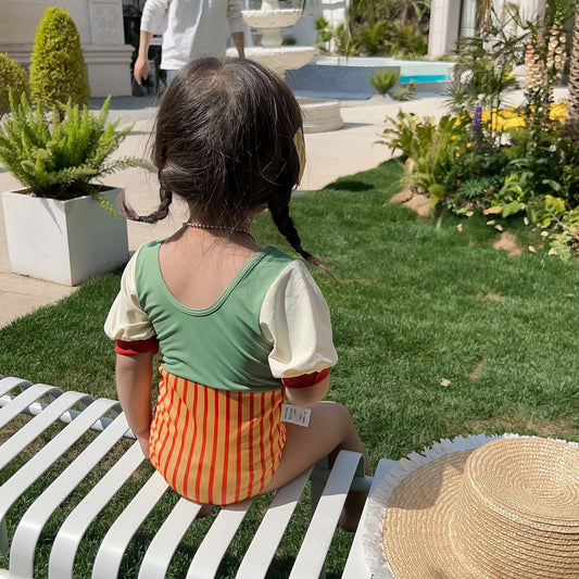 ベビー用水着 キッズ 水着 パッチワーク 半袖 切り替え ワンピース ガールズ スイムウェア【mh0001863】