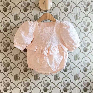 長袖ロンパース Pink / 66cm ベビー 刺繍 レース パフスリーブ 半袖 ロンパース ドレス【mh0000752】