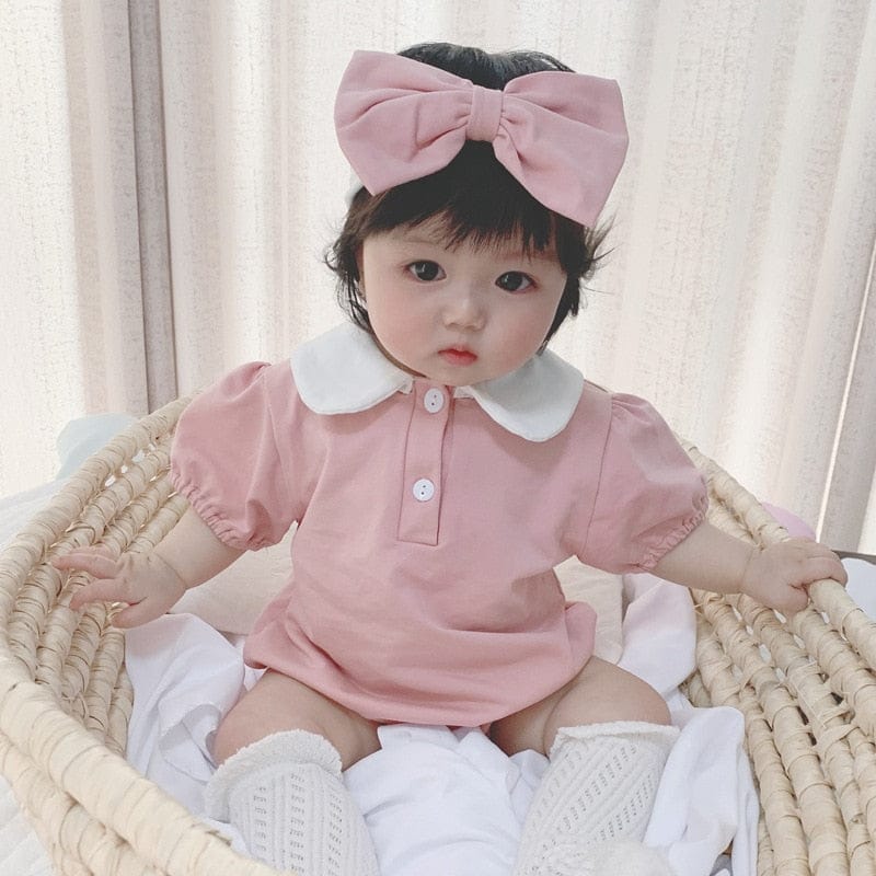 半袖ロンパース Pink / 6M 66cm ベビー 半袖 パフスリーブ ロンパース リボン ヘアバンド セット【mh0001519】