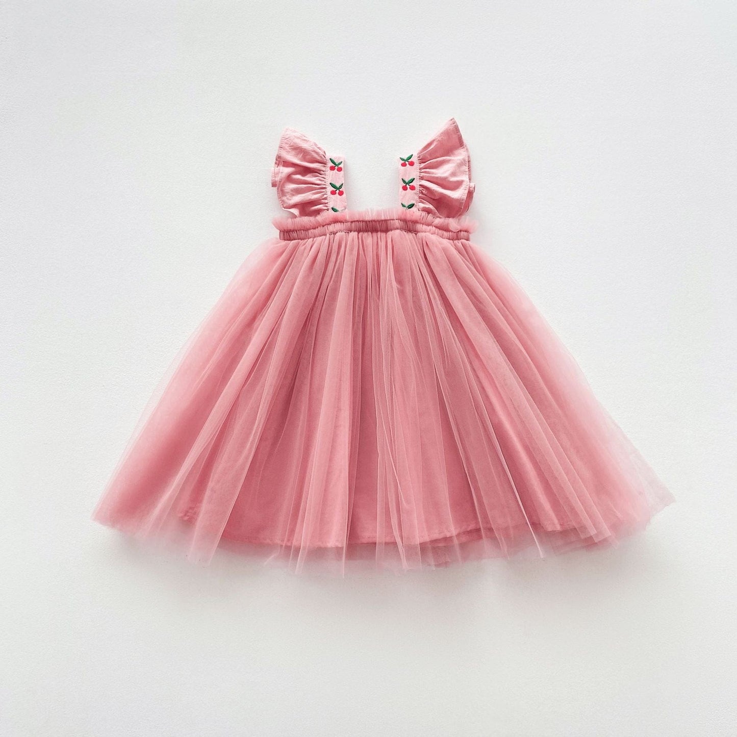 ノースリーブワンピース Pink / 90cm キッズ チェリー チュチュ チュール フリルスリーブ プリンセス ドレス ワンピース【mh0001536】